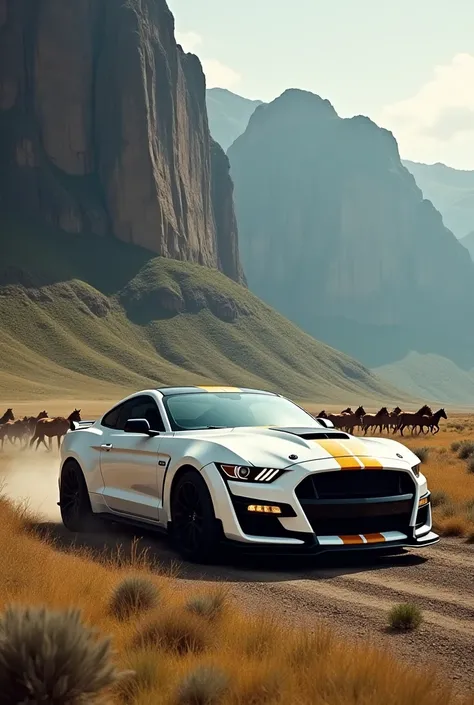 White and beige colour Ford Mustang gt 500 Shelby in front of  a green vertical mountain with running horses