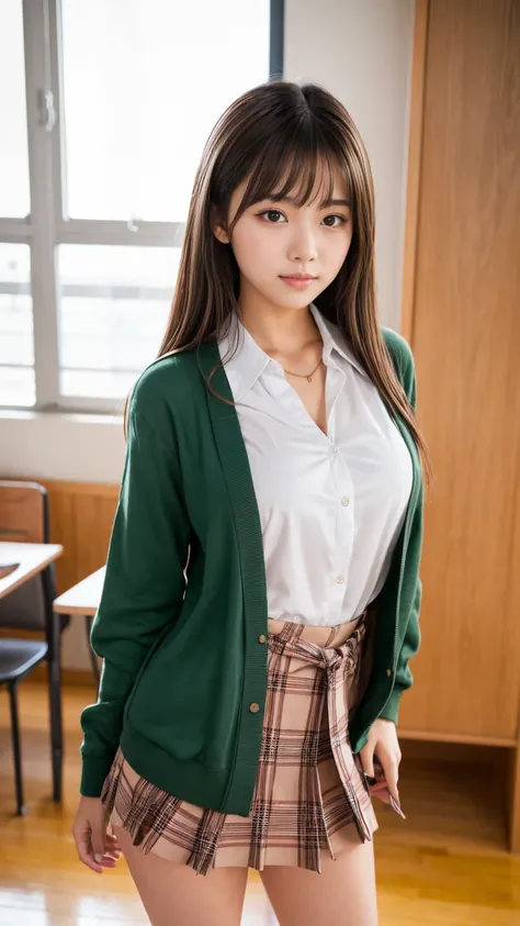  creative girl in school classroom   ,(Well-balanced:1.3), Sexy latino   ,( cowboy shot ),( Im wearing a curved permanent ),Im wearing a Japanese uniform with a plaid ultra-short pleated miniskirt, cardigan,blouse, ties,Long light brown hair,   asymmetrica...