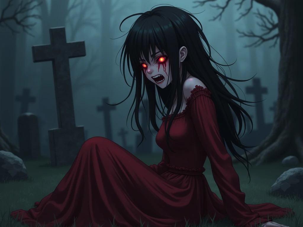 design a terrifying female character who has glowing bloodshot eyes with rage showing trough her eyes and mouth she is sitting in a side pose on a grave and crying with rage and anger she has very long black dark messy hair and an extremely terrifying dark...