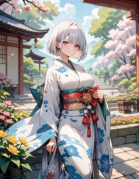 1 girl, (japanese clothes, kimono:1.4), (long sleeves), white hair, large breasts, bat wings, bushy tail, short bob cut, impish smile, flower garden, 5 finger, (masterpiece, best quality, ultra detailed:1.4),