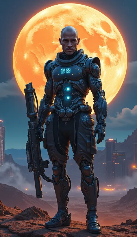 "Hyper-detailed full-body digital illustration of a male cybernetic mercenary, standing resolutely in a desolate wasteland beneath a colossal, glowing crescent moon that bathes the scene in an otherworldly light. His biomechanical form seamlessly merges or...