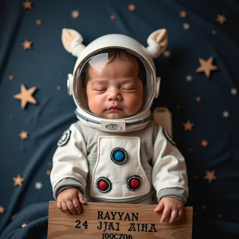 "Photograph a newborn baby dressed in a tiny astronaut outfit, complete with a helmet and space suit, lying on a starry backdrop with a wooden sign that says Rayyan Jahi Abizar and 24 MAY 2024, giving the photo a dreamy, out-of-this-world feel.