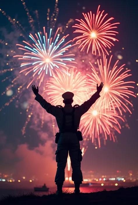 a night sky illuminated by bright fireworks in shades of red  , blue and gold in the center the silhouette of a uniformed soldier standing and waving with his back to the fireworks 