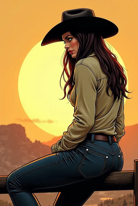 a close up of a woman in a cowboy hat sitting on a rail, inspired western comic, western comic book style, western comic style, western comic book art, western comic art, cowgirl, western comic, cow-girl, oldwest, western cowgirl, female cowgirl, female sh...