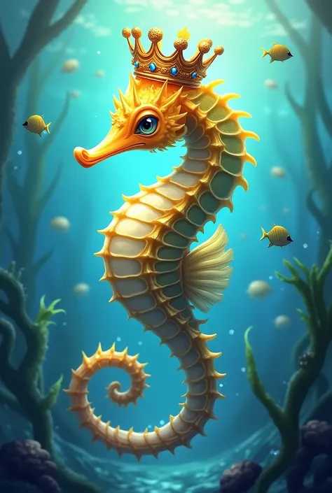 Seahorse with a crown and yellow and blue