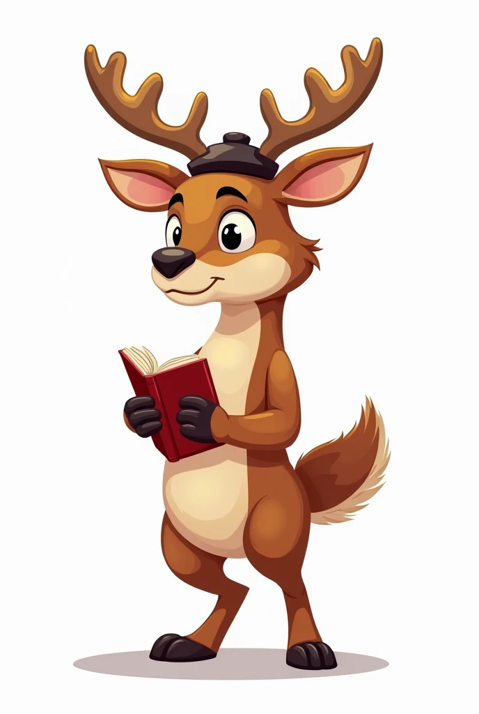  design mascot deer boy with horn-filled hat in cartoon style ,  mascot has a mature sawo body with a book and pen in his hand , cheerful and friendly expression ,  suitable for presenting researchers who are fond of writing scientific writing,  plain whit...