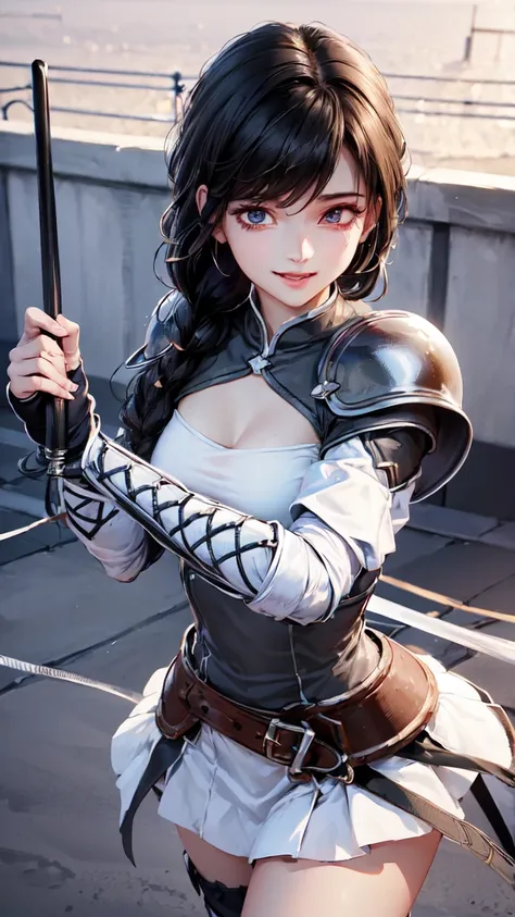 ( top quality , Ultra HD 8K , photorealistic)(fencing pose:1.5)、 beautiful girl、minority、Young、 black hair、 braids、 Armor with Detailed Patterns、 Lively Smiles 