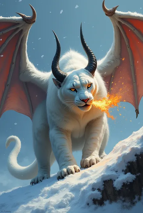 You are a fantasy painter and a bit of a comic book artist, but very realistic. Generate a monstrous animal for me, a mixture of a snow panther and a dragon, represent it with the body of a panther with horns and dragon wings, spitting fire through the mou...