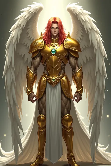 light-skinned angel man , long straight red hair,  green eyes,  He wore full gold armor ,  leather boots and had huge white wings,  in anime style