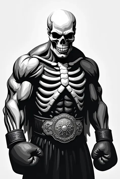 vector skull full body wearing boxing gloves and belt on his stomach, black and white image