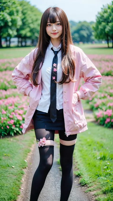 (8k、     RAW photos   、   top quality、masterpiece   :1.2)、(   realistic  、   realistic  )、1 person、((bangs、 ties、tights、 boots、black and pink jacket 、smile、whole body、 black tight mini skirt、 shows shoulders、Flower Field、Narrow waist、Stand with hands on hi...