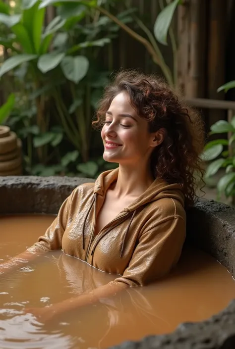 Woman relaxing into mud bath, hoodie, wet, muddy