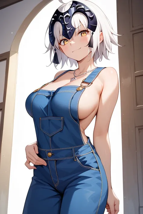 masterpiece,best quality,{{detailed beautiful face and eyes}}, 
Jeanne dArc Alter,{{{megami magazine}}},short hair,white hair,hair between eyes,headpiece,yellow eyes,large breasts,
(Bare, overalls:1.3),
1girl,(is smug:1.0),
 ((standing,cowboy shot,looking ...