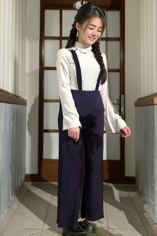 Japanese Girl sees the ghost and pees her black ao dai pants in fright. until you see urine coming out profusely