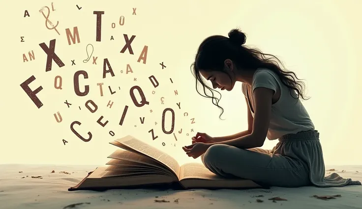  Letters dancing on and above open book, words and silhouette of a woman reading it 