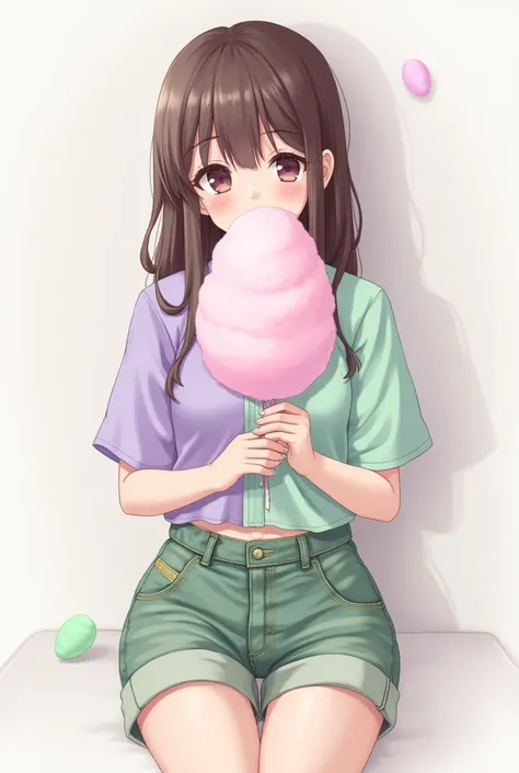  From s
Delicate face
From skate
Brown hair and straight bangs
Green and lilac cropped denim shorts and shirt 
Holding colorful balloon-shaped cotton candy
Its not anime