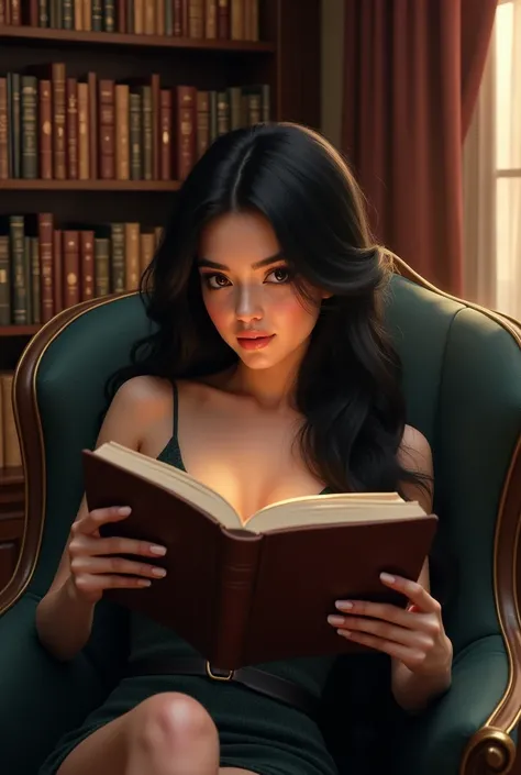 beautiful women, sexy, long black hair,  reading a book and surrounded by a home library