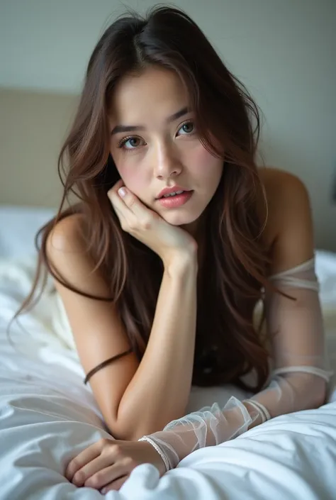 A young brunette woman poses for the camera in white desouses lying on a bed