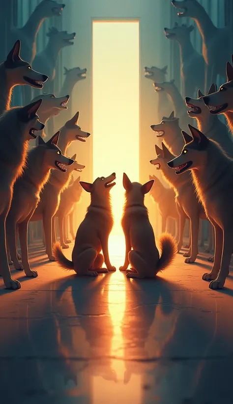 A visually striking image of two dogs standing at the entrance of a glowing, mysterious room filled with infinite mirrors reflecting their expressions. One dog is cheerful, wagging its tail, with reflections of happy, smiling dogs around it. The other dog ...