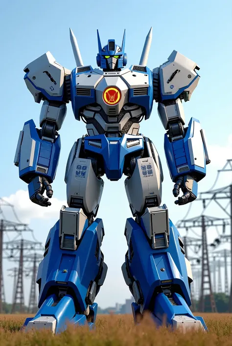 "The giant robot design is inspired by Transformer, with the dominant blue and white colors typical of PLN Indonesia. This robot has a futuristic shape with detailed mechanical elements such as electrical pipes, energy panels, and the PLN logo on its chest...