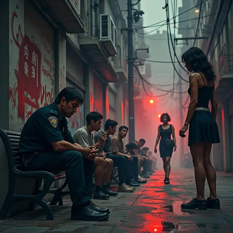 " An intense urban scene ,  where several social realities are mixed into a single environment ,  with a subtle gradient separating the different situations . Left, a disillusioned policeman ,  smoking rock in a dark corner , with an air of tiredness . At ...