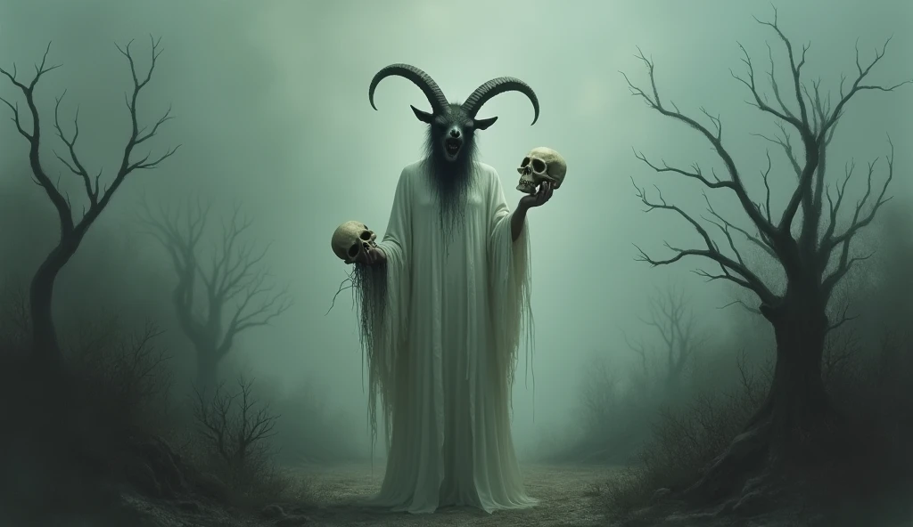 heavy fog ,  dark environment, Creepy woman in white clothes and goats head holding a skull with her head cut off, surrounded by elements of surreal nature , Impressionist art style