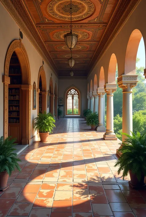 want a drawing of a courtyard with a corridor with a ceramic floor and a ceiling decorated with Islamic motifs. On the left side there is a library and books. On the right side there are green shrubs.