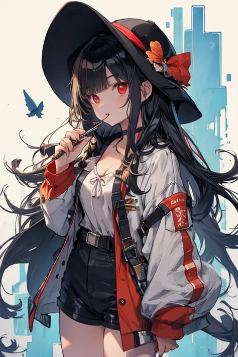 a cartoon woman smoking while wearing a bathrobe among other decorative items, 1girl, breasts, long hair, cleavage, black hair, looking at viewer, hat, bird, chopsticks, shorts, shirt, solo, food, red eyes, 
beautiful composition, cinematic lighting, extre...