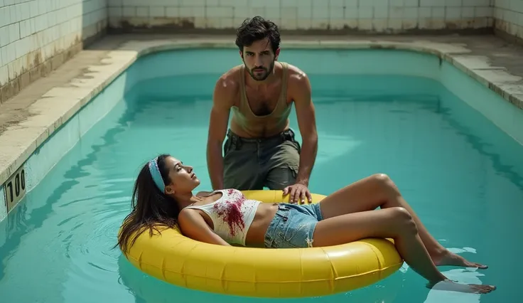 A dramatic scene set in an empty, drained swimming pool with aged white tiles. A young man with a dirty tank top and rugged pants crouches behind a yellow inflatable raft, looking alert and tense. On the raft lies an unconscious or injured woman wearing a ...