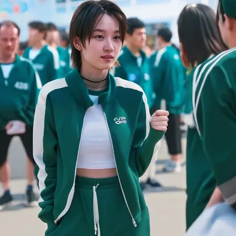 there is a woman standing in front of a group of people, very beautiful short haired woman, wearing a green tracksuit and white shirt, squid game, upper body