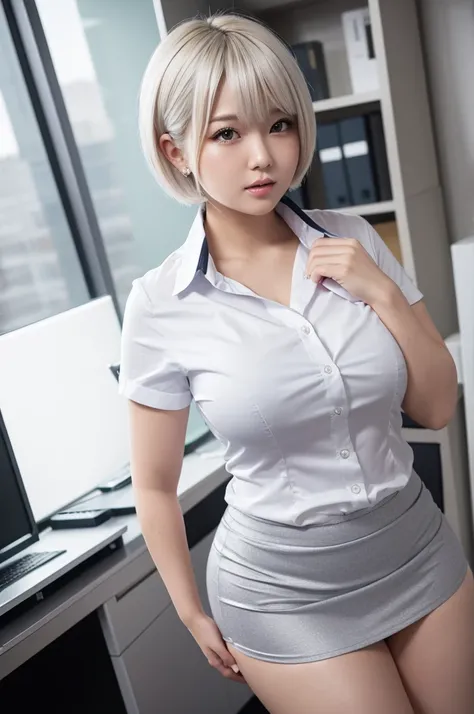 realistic, best quality, masterpiece, hyper detailed,  japanese, woman, curvy, plump, chubby,Short Hair, Platinum Hair, dress shirt, mini length skirt,partially underwear shot, at office, 