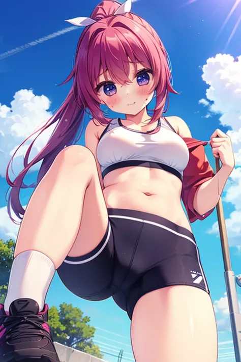  girl 、( above the knee)、( Angle from Below )、 ponytail、(( sports bra))、((sport shorts for women))、 squats peeking out from below、Showing armpits、Belly button、 thighs、 Sweating、