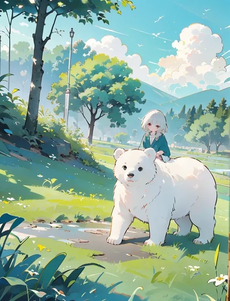 ((A girl and a white bear))，(Play in the fields, ricefield，cute white bear, cute girls), Ghibli background style, Yuru Chara style，cute storybook illustration, , gentlesoftlighting, cream, Giorgio Morandi Colors, thick line graph, full-colour illustration,...