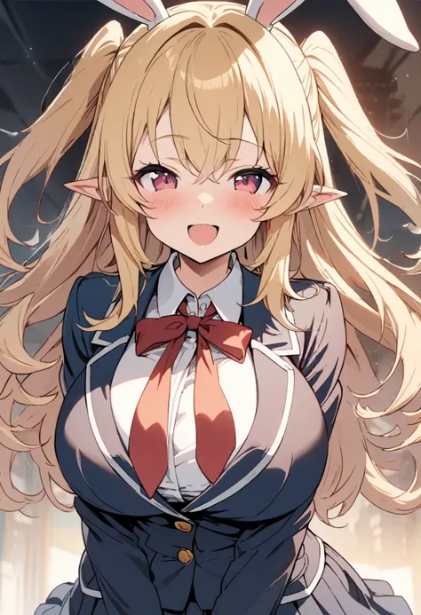 1girl, (rabbit ears elf girl), rabbit ears and elf ears, blond hair, two side up long hair, big female-melons, school blazer uniform, open mouth smile,masterpiece,best quality,ultra detailed, very aesthetic, hyper cute line style illustration, 