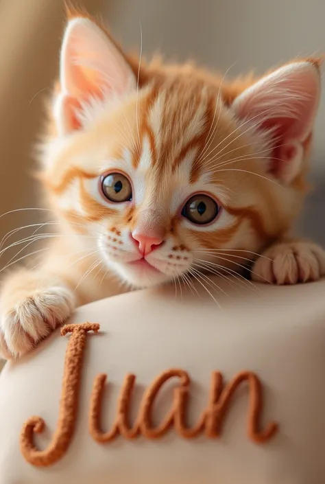 Create a cute kitten with huge brown eyes looking tenderly at the top of the photo write "Juan"