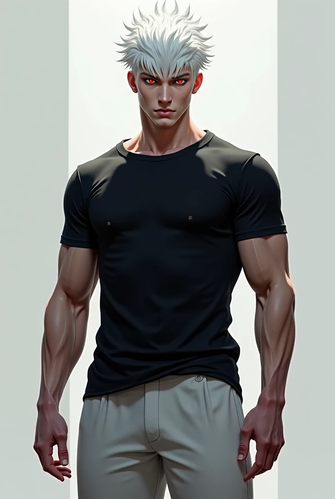 white hair, red eyes, male, tall, built, black T-shirt, white long pants, handsome