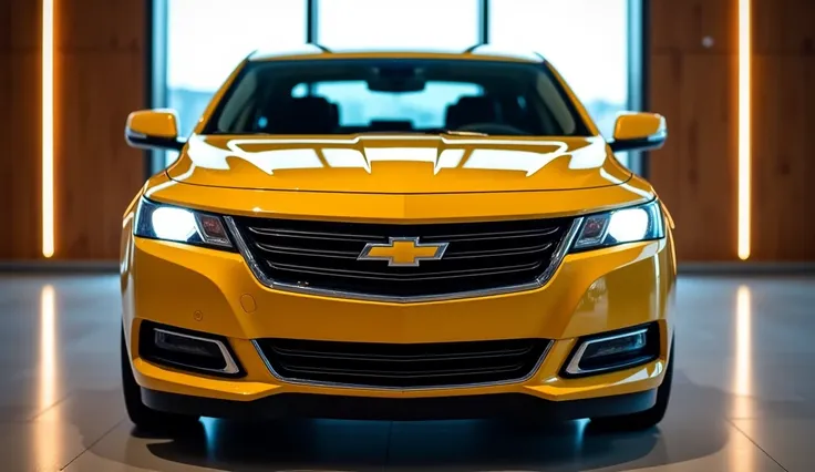 A close-up front view of a sleek, modern yellow Chevrolet Impala 396 with sharp headlights on in a luxurious indoor showroom. The background shows large glass windows with soft, natural light filtering through, and elegant wooden panels along the sides. Th...