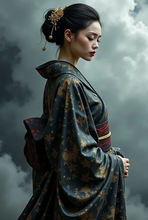 black kimono goth elegant style, with gray clouds and golden stars pattern