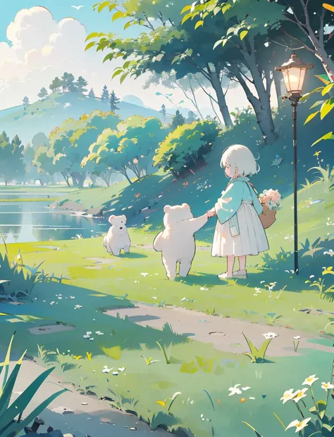 ((A girl and a white bear))，(Play in the fields, ricefield，cute white bear, cute girls), Ghibli background style, Yuru Chara style，cute storybook illustration, , gentlesoftlighting, cream, Giorgio Morandi Colors, thick line graph, full-colour illustration,...