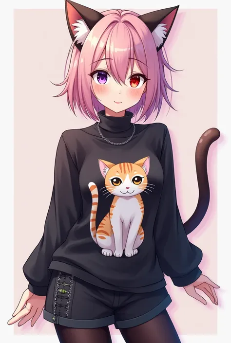 Create a male anime character with eyes on the right side in purple and the other red with kitten ears and with a black blouse with a kitten print from anime with black pants and with high-top sneakers and stockings
