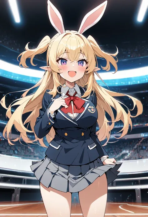 1girl, (rabbit ears elf girl), rabbit ears and elf ears, blond hair, two side up long hair, big female-melons, school blazer uniform, open mouth idol smile,masterpiece,best quality,ultra detailed, very aesthetic, hyper cute line style illustration, 