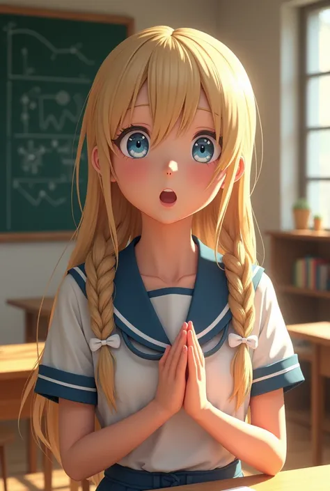 A highly realistic depiction of an 18-year-old blonde schoolgirl singing passionately in a classroom. She has smooth, fair skin with a natural youthful glow, and her long, straight blonde hair is styled into two perfectly symmetrical braids tied with immac...