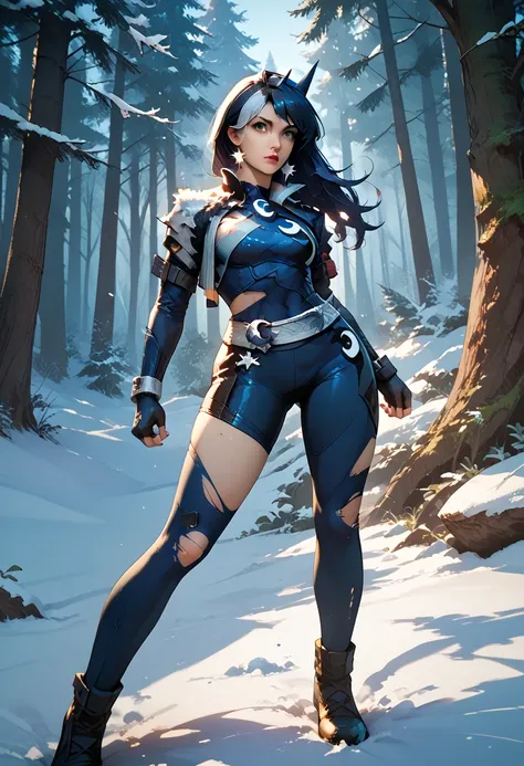 ((Luna Snow)) ((marvel rivals))  ((torn clothes)) stands in the earthly ((night forest))