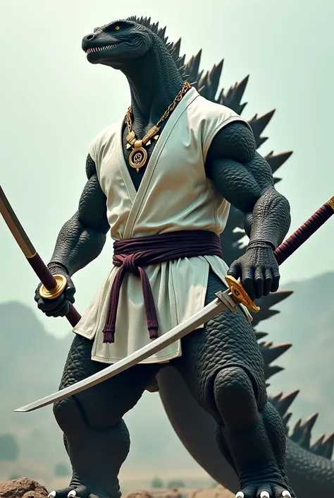 A super muscular Godzilla dressed in a white karate kimono and with two swords in his hands and a thick gold necklace with an EPOW pendant and several tribal tattoos 