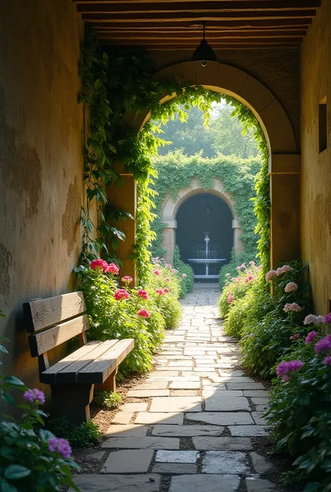  the hallway, long and quiet ,  one side of the slide formed by a cold and smooth stone wall ,  while the other opened completely ,  showing a secret garden that seemed to float in the air .   It was a garden of rest , The light of the sun,  filtered throu...