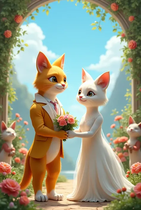 A fit, lean, muscular white and yellow cat and a slender white cat girl are getting merried