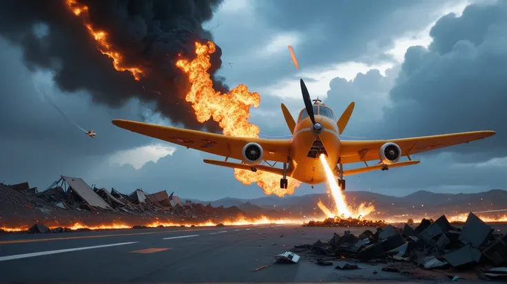 Create a Disney Pixar style medium shot of the wreckage of an airplane breaking apart, with the tail section detached and engulfed in flames. Smoke billows into the sky as fire spreads across the broken fuselage, and debris litters the ground around the cr...