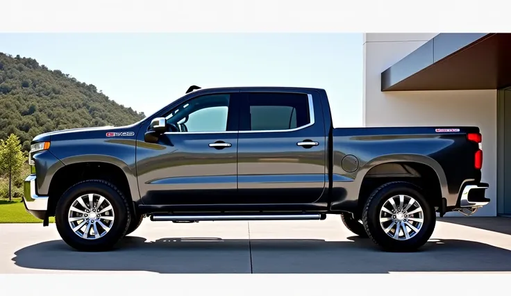 Left Side:
"Create a high-resolution side view of the 2025 Chevrolet Silverado 1500 pickup truck from the left. Showcase its sleek and bold profile, including large wheels, sharp body lines, chrome accents, and aerodynamic mirrors. The image should highlig...