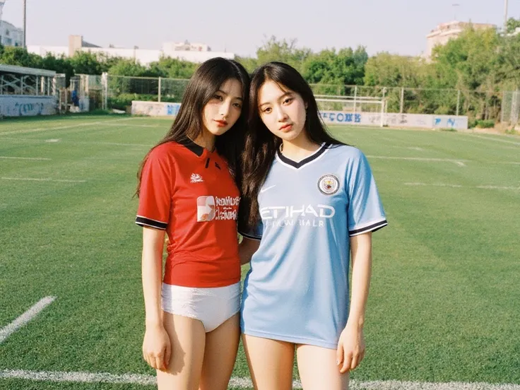 Two long-haired women, one wearing a Manchester United football shirt and white underwear, the other wearing a Manchester City football shirt and white underwear, Abandoned football field, sun light, Kodak Gold 200 film