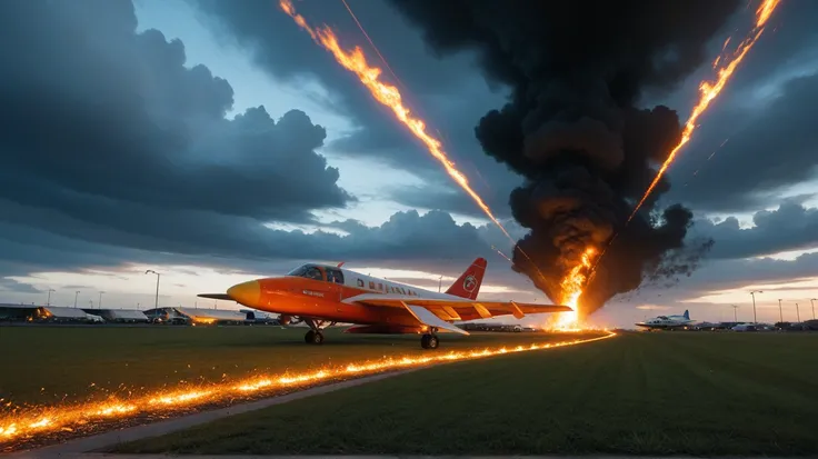 Create a Disney Pixar style wide shot of an airplane breaking into multiple pieces mid-impact on the ground, with flames and smoke engulfing the wreckage. The shattered fuselage lies scattered across a grassy field near the runway, and fiery debris is scat...